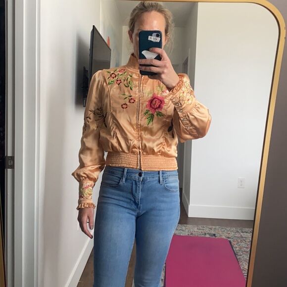 Free People‎ Embroidered Satin Bomber Jacket Size Small - Picture 1 of 9